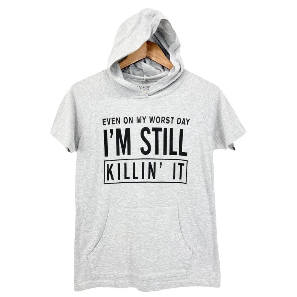 On Fire Hooded T-Shirt Short Sleeve Killin' It Gray Graphic Print Size L